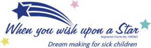 Logo of When you wish upon a star "dream making for sick children", image shows a blue shooting star over the text